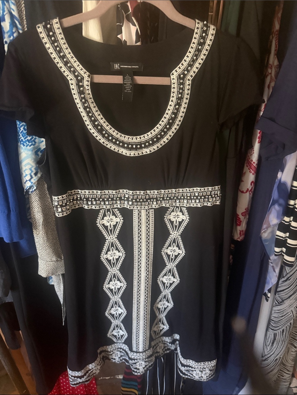 INC International Concepts Black Dress with White Geometric Embroidery